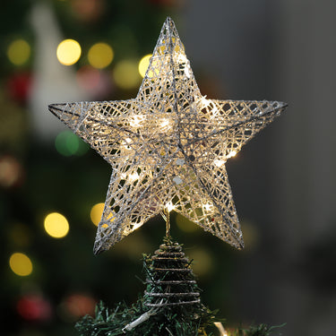 Silver Sequin Star Christmas Tree Topper with LED Lights – Elegant Holiday Accent