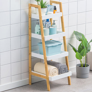 Nordic 4-Tier Wooden Ladder Shelf – Freestanding Display Organizer in White and Brown