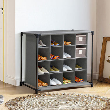 4-Tier Shoe Storage Rack – 16-Grid Freestanding Organizer with Fabric Cover and Metal Frame - Lifeideas
