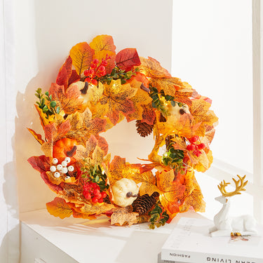 Autumn Harvest Wreath with Pumpkins, Maple Leaves & LED Lights – Front Door Decoration
