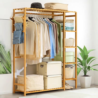Wooden Clothes Rack with Side Hooks – Multi-Layer Open Wardrobe Organizer