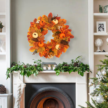 Autumn Harvest Wreath with Pumpkins, Maple Leaves & LED Lights – Front Door Decoration