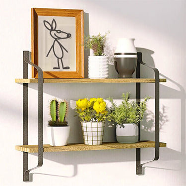 2-Tier Industrial Floating Wall Shelves – Rustic Wood and Metal Wall-Mounted Storage Rack