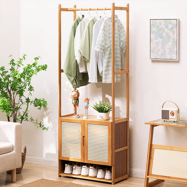 Freestanding Wooden Clothes Rack with Cabinet & Bottom Shelf – Closet Organizer