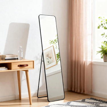 155cm Full-Length Rectangular Floor Mirror with Rounded Corners – Freestanding or Wall-Mounted Metal Frame, Black