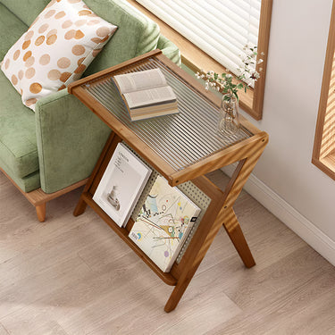 Small Bamboo End Table with Glass Top – Compact Side Table for Living Room or Balcony