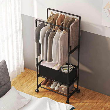 Double Rod Rolling Clothes Rack with Shelf and Laundry Basket, Metal Garment Organizer