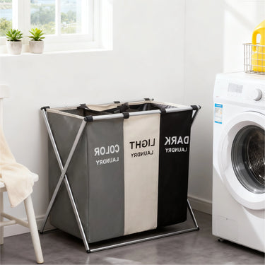 3-Section Foldable Laundry Basket with Labels & Aluminum Frame – Space-Saving Laundry Organizer