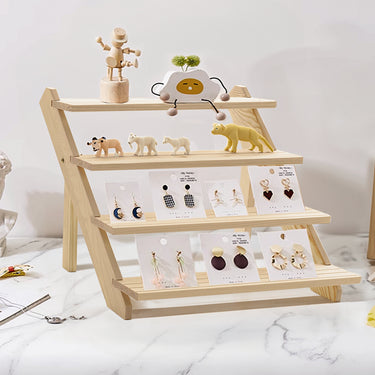 4-Tier Solid Pine Wood Desktop Display Stand – Natural Organizer for Jewelry & Decor - Lifeideas
