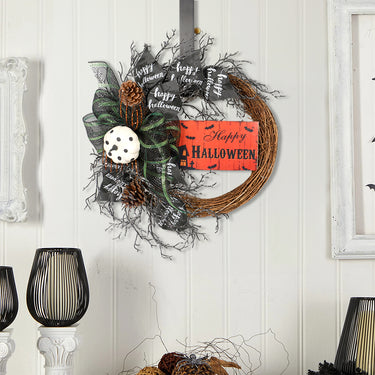 Halloween Wreath with Bows – Spooky Front Door Decoration with “Happy Halloween” Sign