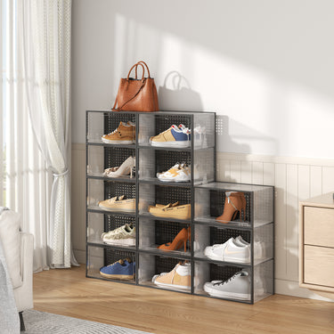 12-Piece Clear Stackable Shoe Storage Boxes, Transparent Plastic Organizer