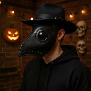 Halloween Cosplay Plague Doctor Mask – Black PU Leather Costume Accessory