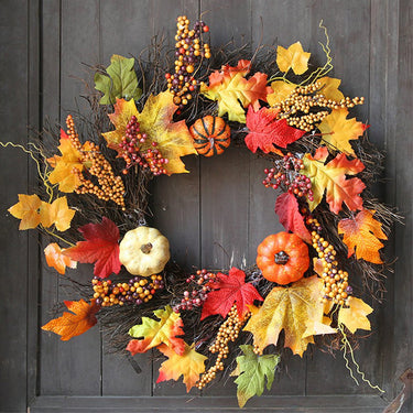Realistic LED Fall Wreath with Artificial Maple Leaves, Pumpkins, and Berries - Harvest Door Decoration with LED Lights