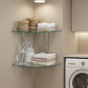 2-Tier Tempered Glass Corner Shelf – Wall-Mounted Bathroom Organizer with Stainless Steel Frame
