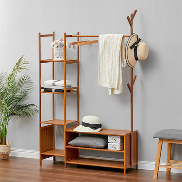 Freestanding Bamboo Clothes Rack with Shelves, Coat Hooks & Shoe Storage – All-in-One Entryway Organizer