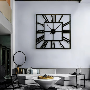 Oversized Square Metal Wall Clock – Roman Numerals and Modern Cut-Out Design for Statement Home Decor