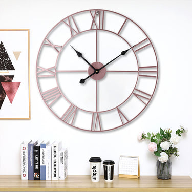 Vintage Rose Gold Wall Clock with Roman Numerals – Oversized Metal Design for Rustic Decor