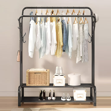Double-Rod Metal Garment Rack with Hooks and Storage Shelf