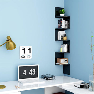 Wooden 5-Tier Zigzag Floating Corner Shelf – Space-Saving Storage in Black