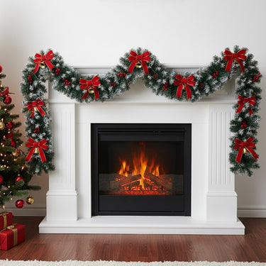 270cm Lighted Spruced Artificial Christmas Garland with Red Bows and Warm White LED Lights