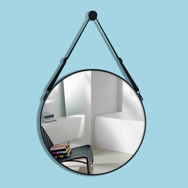 Nordic Round Wall Mirror with Adjustable PU Leather Strap – Minimalist Aluminium Frame, Shatterproof Glass