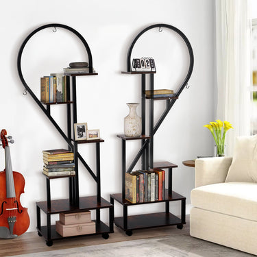 2-Piece Half-Heart Tiered Plant Stand with Wheels – 6-Tier Indoor/Outdoor Display Rack, Rustic Brown - Lifeideas
