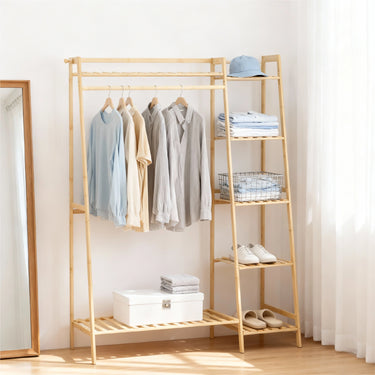 110cm Natural Bamboo Clothes Rack with Shelves and Hooks – Multi-Tier Freestanding Wardrobe Organizer
