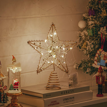 Pre-Lit Metal Star Tree Topper with Beads – Modern Hollow Design, Battery Operated