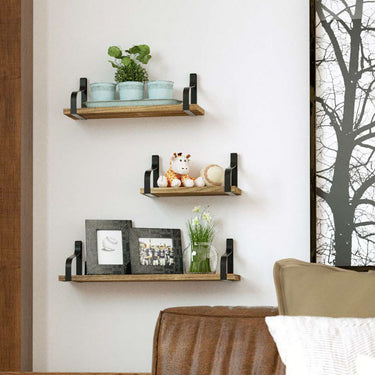 3-Piece Rustic Wood & Metal Floating Shelf Set – Wall-Mounted Decorative Storage Brackets - Lifeideas