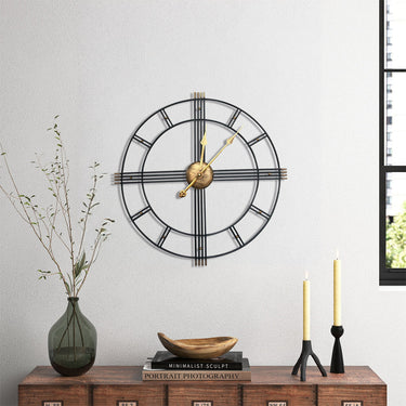 Oversized Round Metal Wall Clock – Cut-Out Design with Black and Gold Accents for Modern Statement Decor