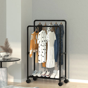 Double Rod Rolling Clothes Rack with Shelf, Metal Garment Organizer