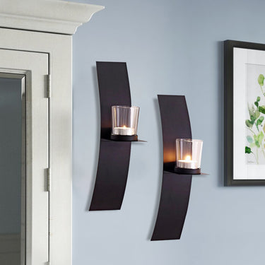 Set of 2 Wall-Mounted Candle Holders with Glass Cups — Matte Black Elegant Tea Light Holders