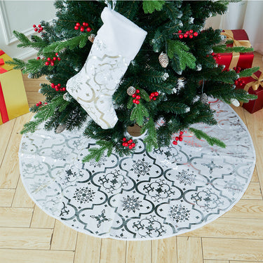 Round Christmas Tree Skirt with Stocking and Gold Foil Design