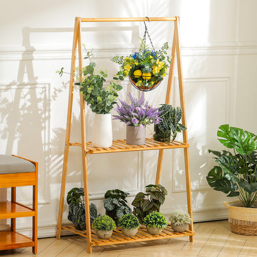 2-Tier Bamboo Hanging Plant Stand – Foldable and Space-Saving Rack for Indoor & Outdoor Use - Lifeideas
