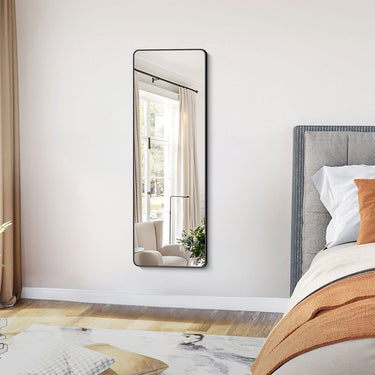 155cm Full-Length Rectangular Floor Mirror with Rounded Corners – Freestanding or Wall-Mounted Metal Frame, Black - Lifeideas