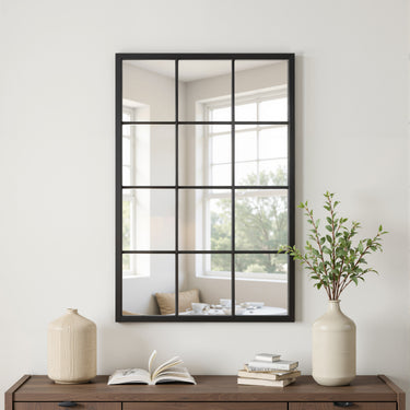 Classic Window Mirror with Metal Frame – Industrial Wall Accent Mirror for Living Room or Entryway