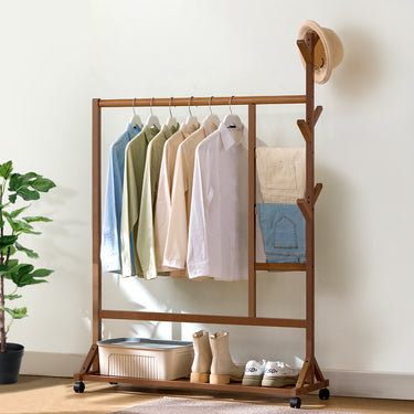 Bamboo Garment Rack with Wheels and Trousers Organizer – Mobile Clothing Stand with Shelf