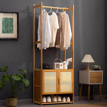 Freestanding Wooden Clothes Rack with Cabinet & Bottom Shelf – Closet Organizer
