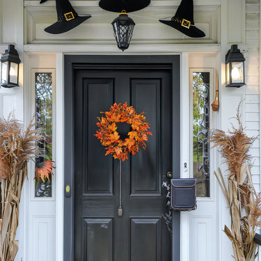 Lighted Maple Leaves Rattan Wreath with Berries - Autumn Door and Window Decoration with LED Lights