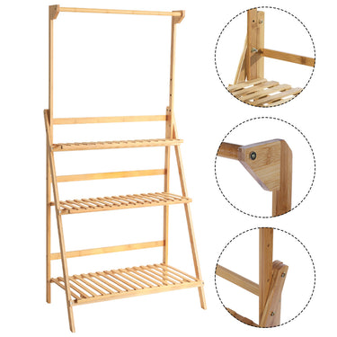 3-Tier Foldable Wooden Ladder Shelf with Hanging Rod – Portable Plant Stand for Indoor & Outdoor Use - Lifeideas