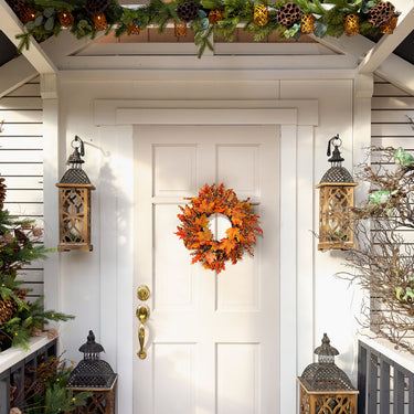 Lighted Maple Leaves Rattan Wreath with Berries - Autumn Door and Window Decoration with LED Lights