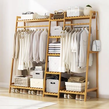 Trapezoid Bamboo Garment Rack with Tiered Shelves – Freestanding Wardrobe Organizer