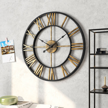 Antique Oversized Metal Wall Clock – Roman Numerals and Vintage Black & Gold Finish for Rustic Home Decor - Lifeideas