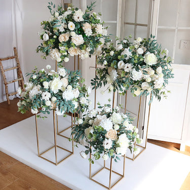 Golden Metal Rectangular Flower Stand – Elegant Pedestal Rack for Weddings and Parties