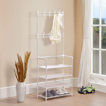 Entryway 4-Tier Shoe Rack with Coat and Accessory Hanger – Space-Saving Metal & Fabric Organizer