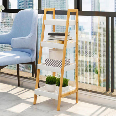 Nordic 4-Tier Wooden Ladder Shelf – Freestanding Display Organizer in White and Brown