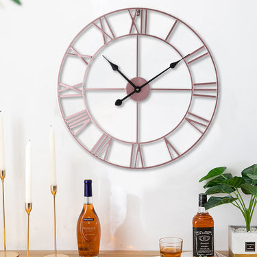 Vintage Rose Gold Wall Clock with Roman Numerals – Oversized Metal Design for Rustic Decor