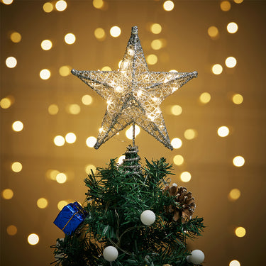 Silver Sequin Star Christmas Tree Topper with LED Lights – Elegant Holiday Accent