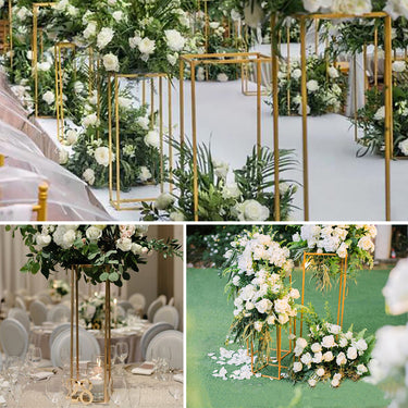Golden Metal Rectangular Flower Stand – Elegant Pedestal Rack for Weddings and Parties