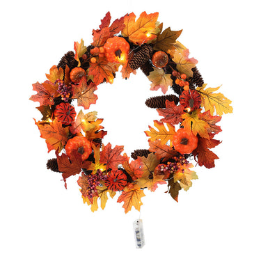 Faux Maple Leaves Halloween Wreath with Lights - Autumn Door Decoration with Pumpkins, Berries, and Pine Cones